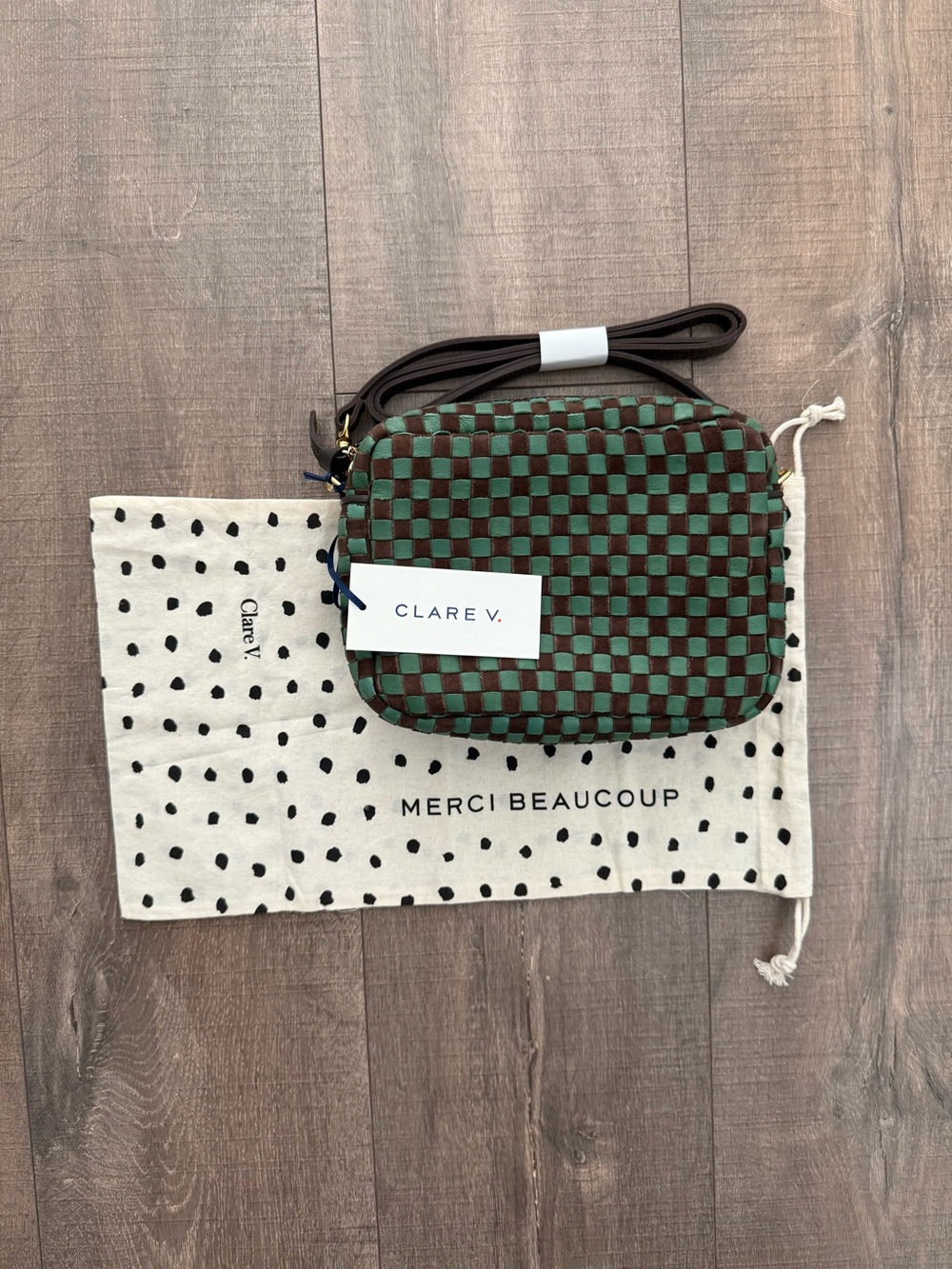 Clare V Brown and Green Woven Checkerboard Crossbody - Picture 2 of 12